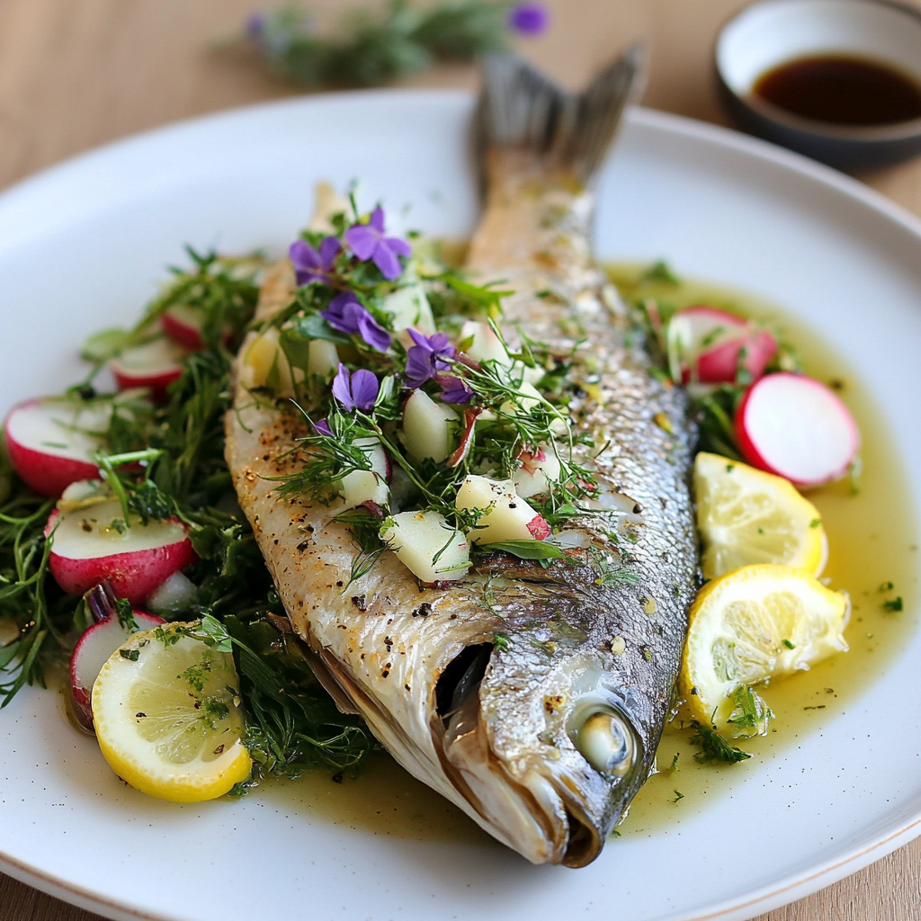 Goldbrasse mit Kräutersalat und Zitronen-Vinaigrette –