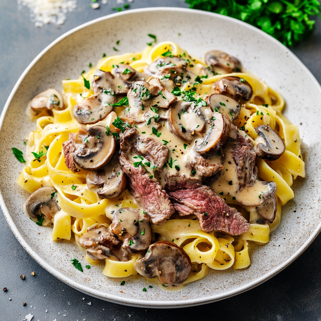 Zarte Rinderfiletstreifen in cremiger mit Tagliatelle