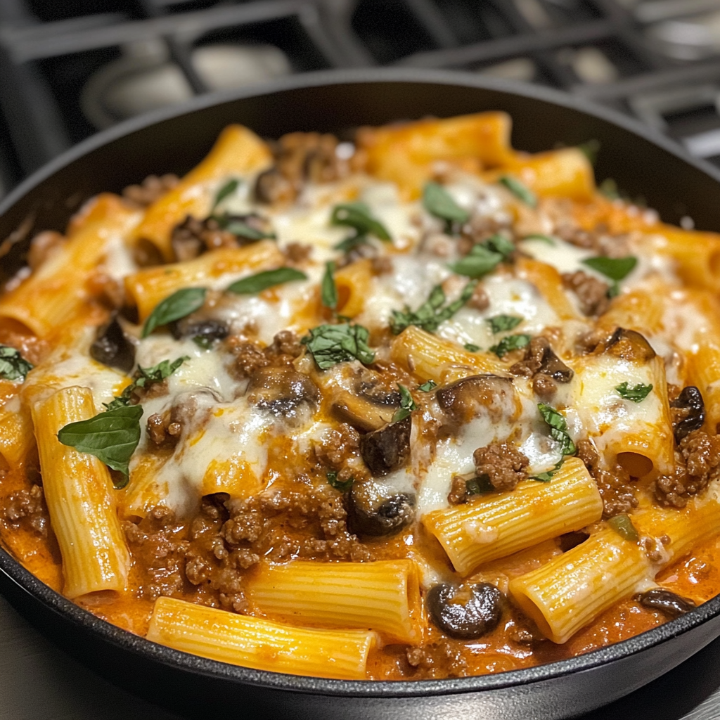 Cremige Rigatoni mit Hackfleisch und Champignons – lecker