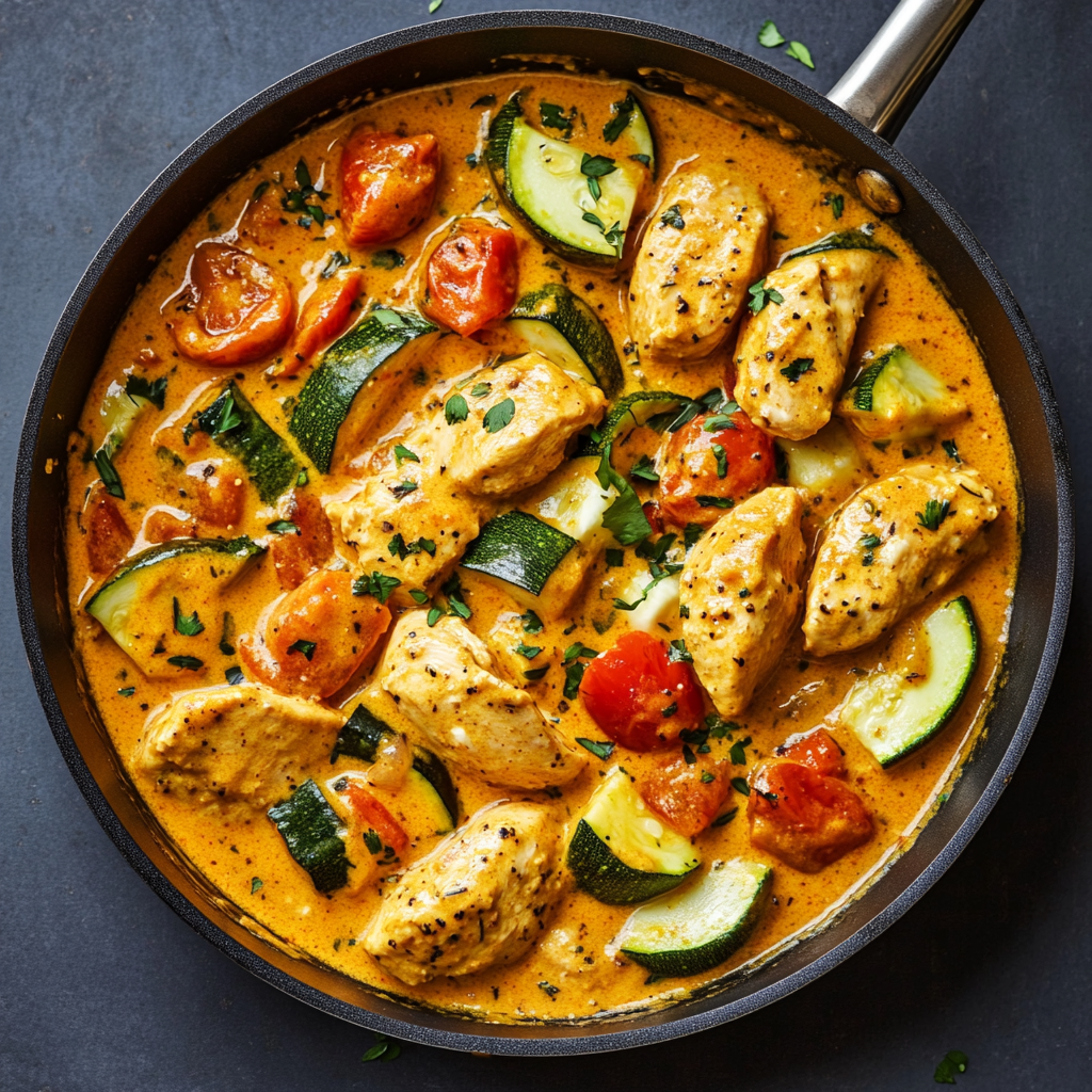 Cremige Hähnchen-Gemüse-Pfanne mit würziger Currynote