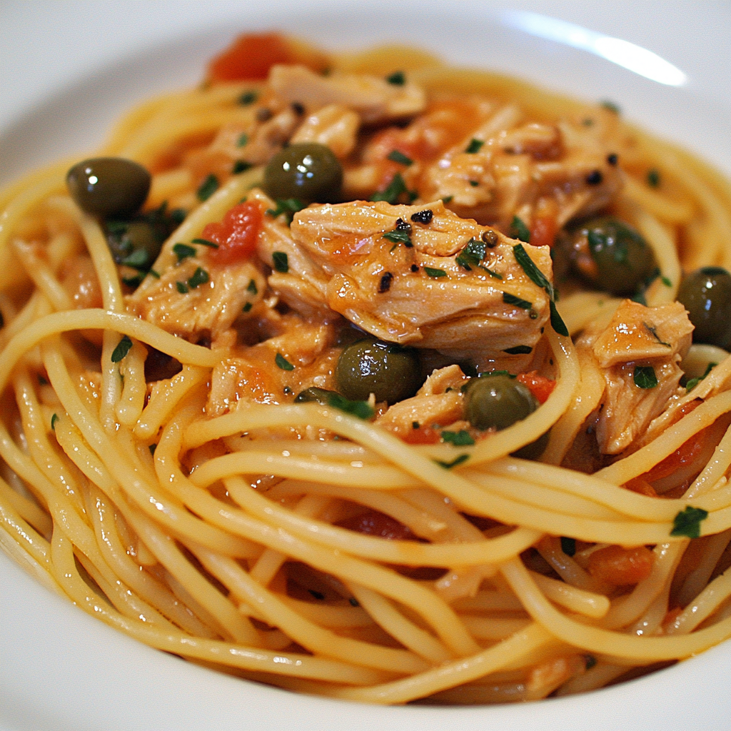Mediterrane Spaghetti mit Thunfisch, Oliven und Kapern