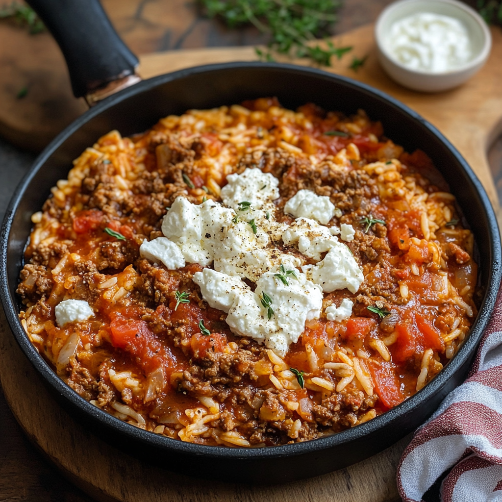 Griechische Kritharaki-Pfanne mit Hackfleisch & Feta 🇬🇷