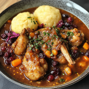 Hasenpfeffer–Traditioneller Kanincheneintopf mit Beerensauce