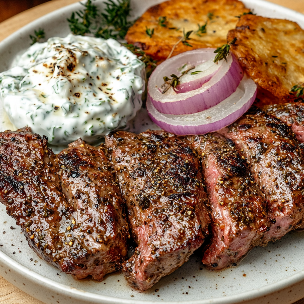 Mediterrane Minutensteaks mit hausgemachtem Tzatziki