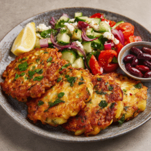 Mediterrane Kartoffel-Feta-Puffer mit Gurkensalat