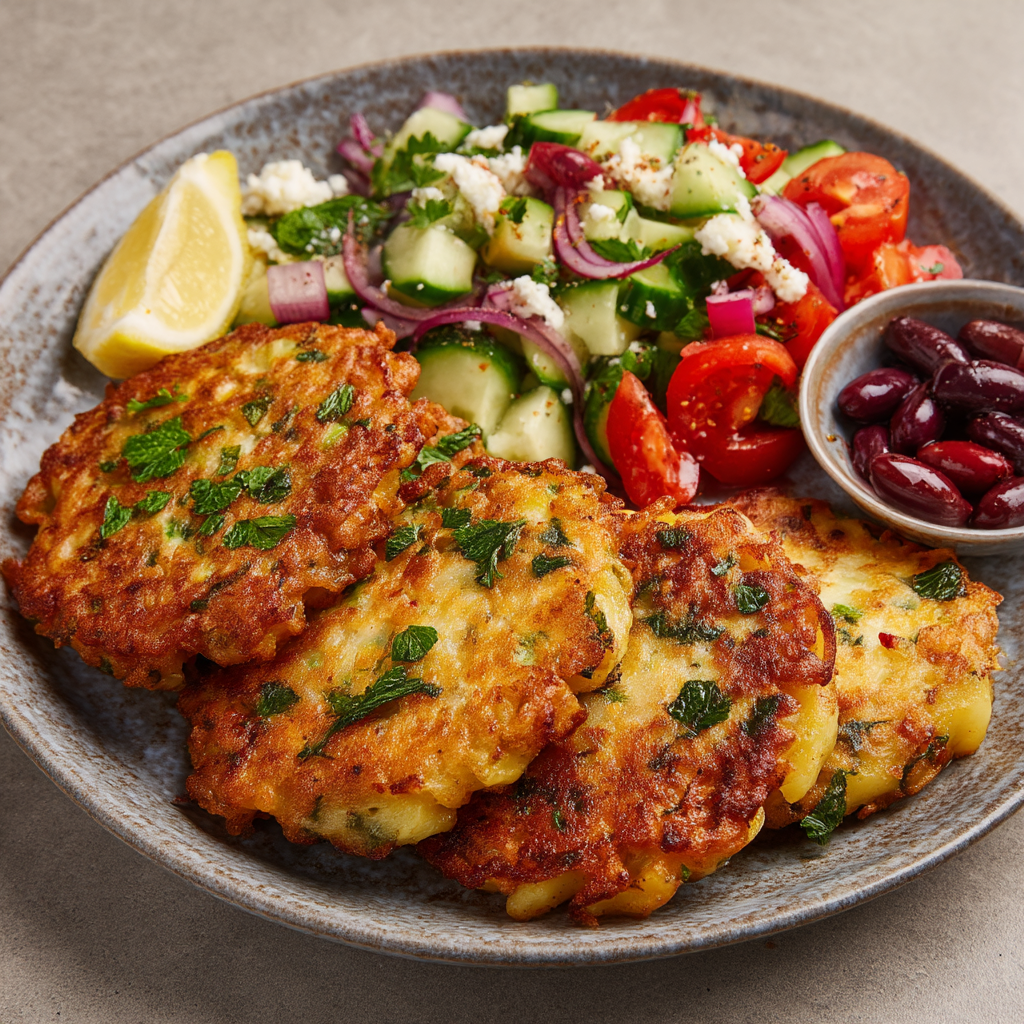 Mediterrane Kartoffel-Feta-Puffer mit Gurkensalat