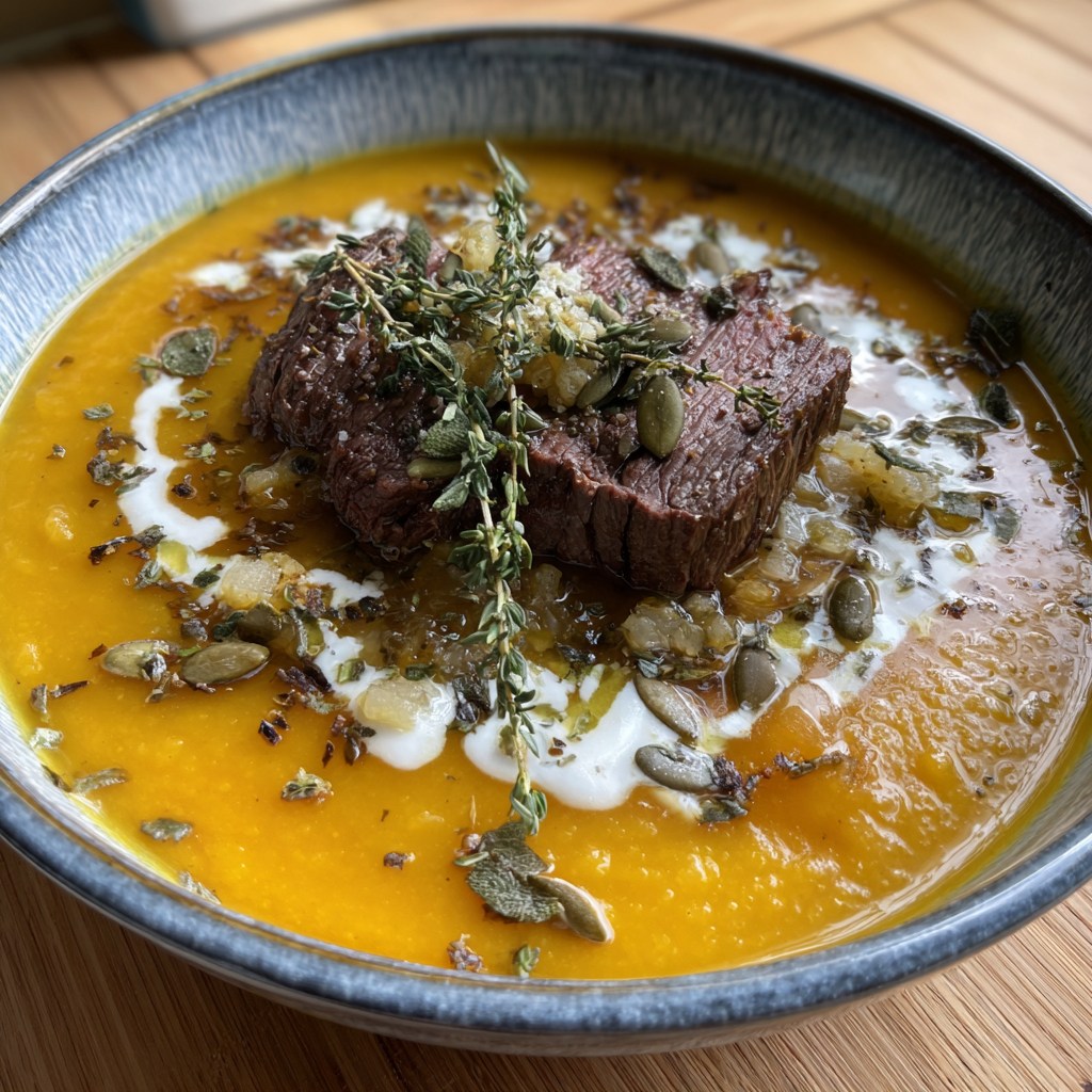 Kürbis suppe mit Rinderfilet