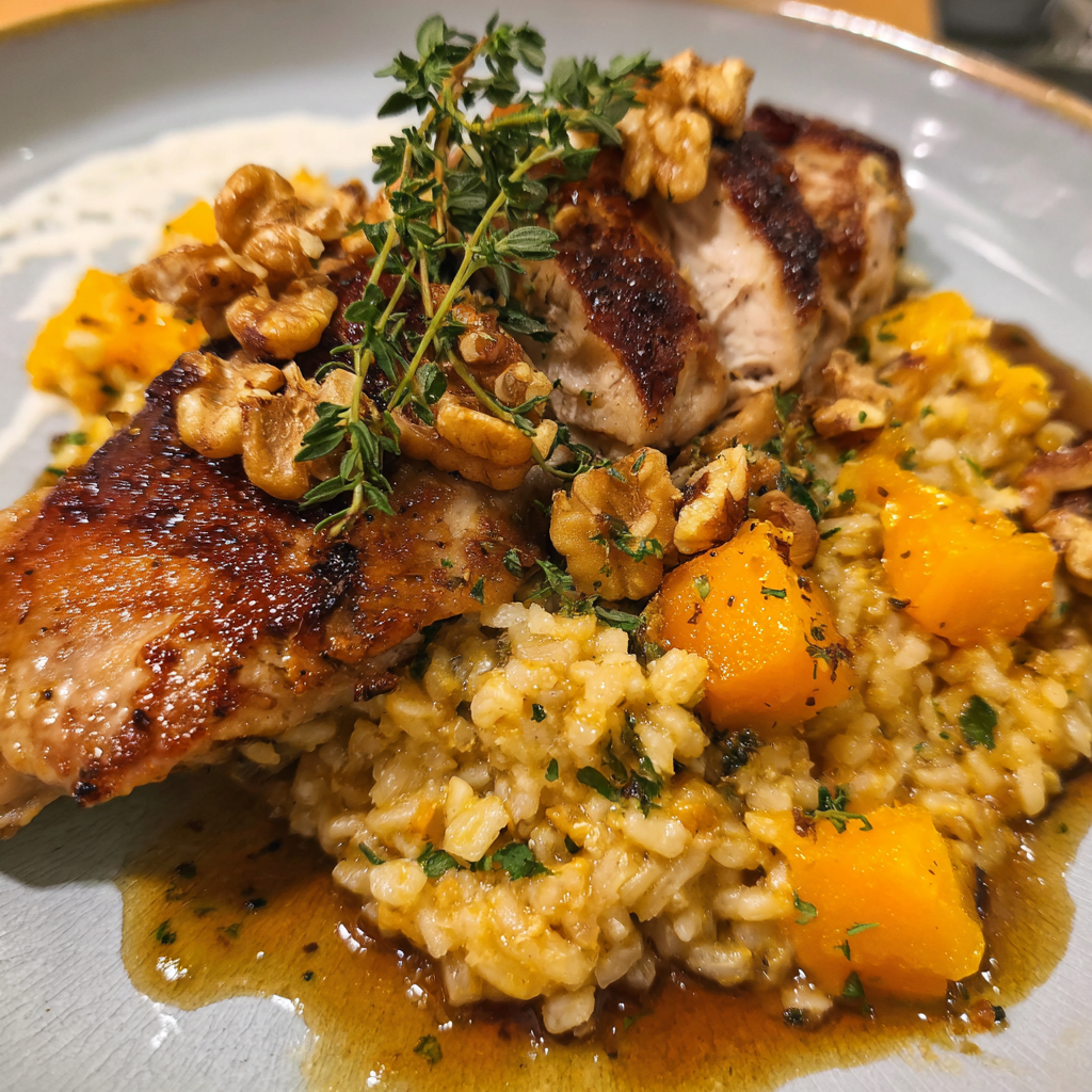 Gebratene Perlhuhn brust mit Walnuss-Kürbis-Risotto