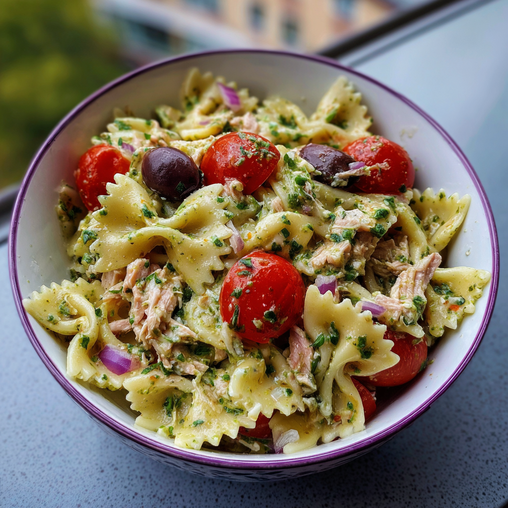 Hütchen-Nudelsalat mit Pesto & Thunfisch