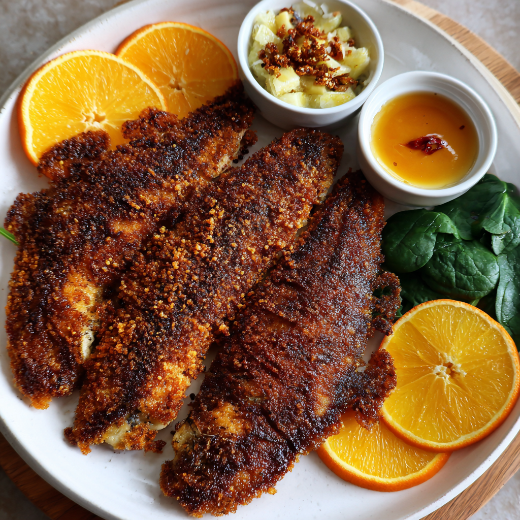 Wels mit Kakao-Orangen