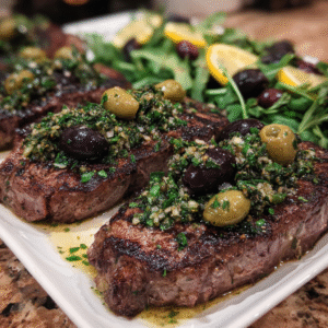 Kräuter steaks mit Oliven