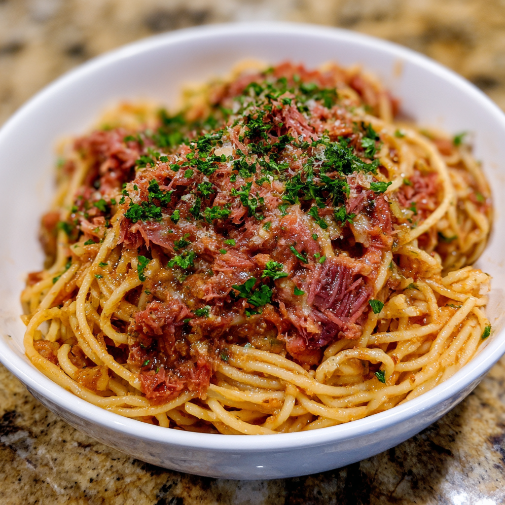 Spaghetti mit Corned Beef-Sauce