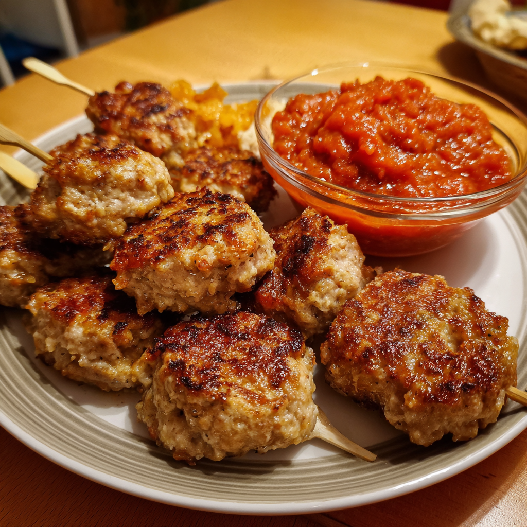 Herzhafte Hackfleischspieße auf fruchtiger Tomaten-Traubensaft-Sauce