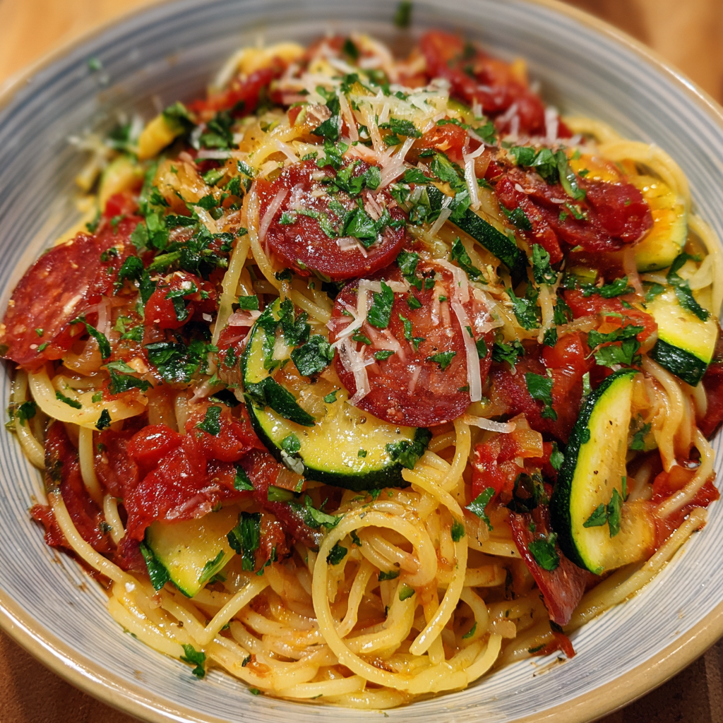 Pasta Picante mit Peperoni, Zucchini und Knoblauch