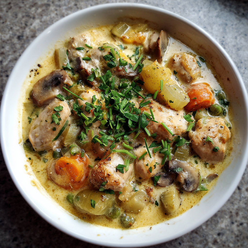 Kräuter-Hühnerfrikassee mit Eierstich – Ein cremiger Klassiker