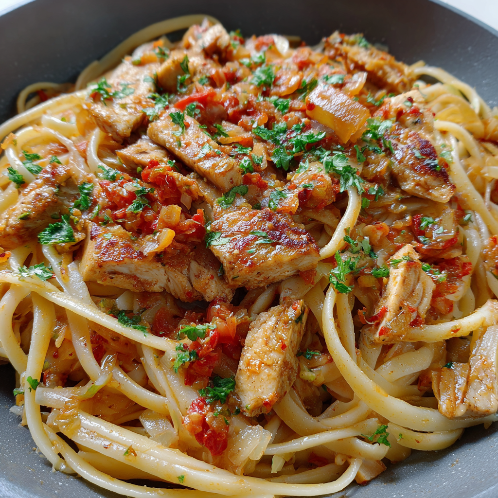 Pikantes Fisch filet Geschnetzelt auf Pasta