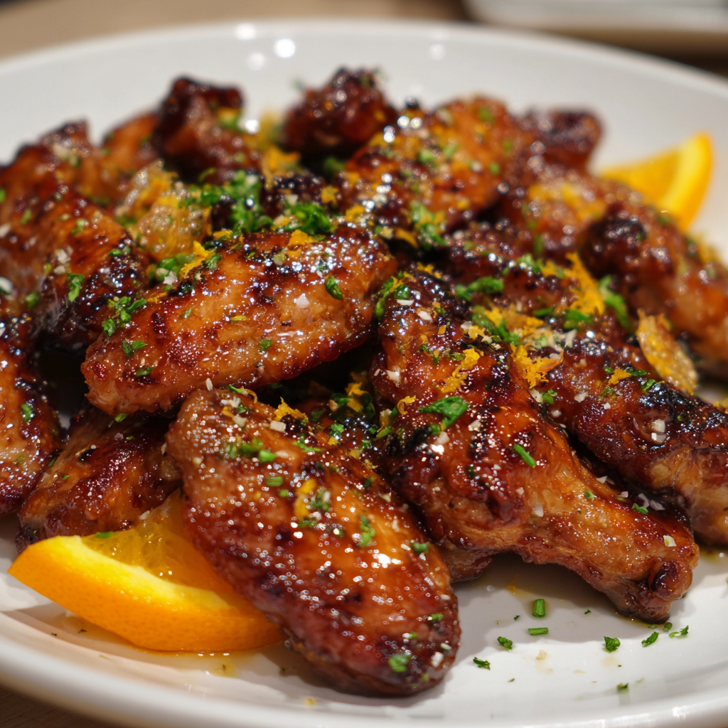 Karamellisierte Hühnerflügel mit Zitrusfrüchten