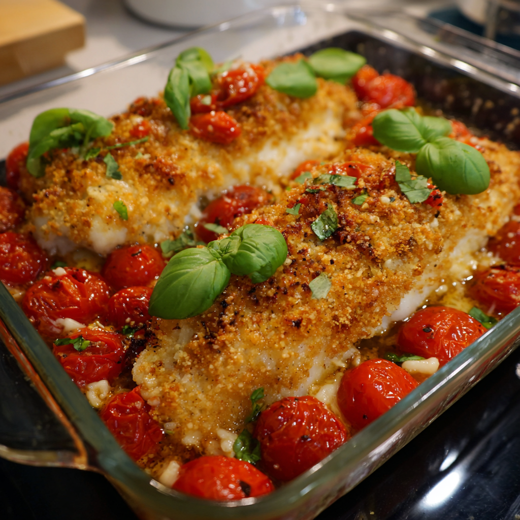 Fischfilet unter der Tomaten-Käse-Kruste