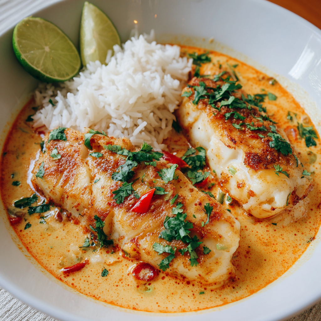 Fisch filets in cremiger Kokos-Curry-Sauce