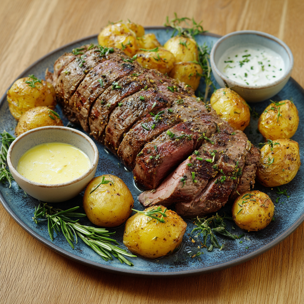Rindsfilet im Ganzen gegrillt mit Folienkartoffeln und Zitronendip