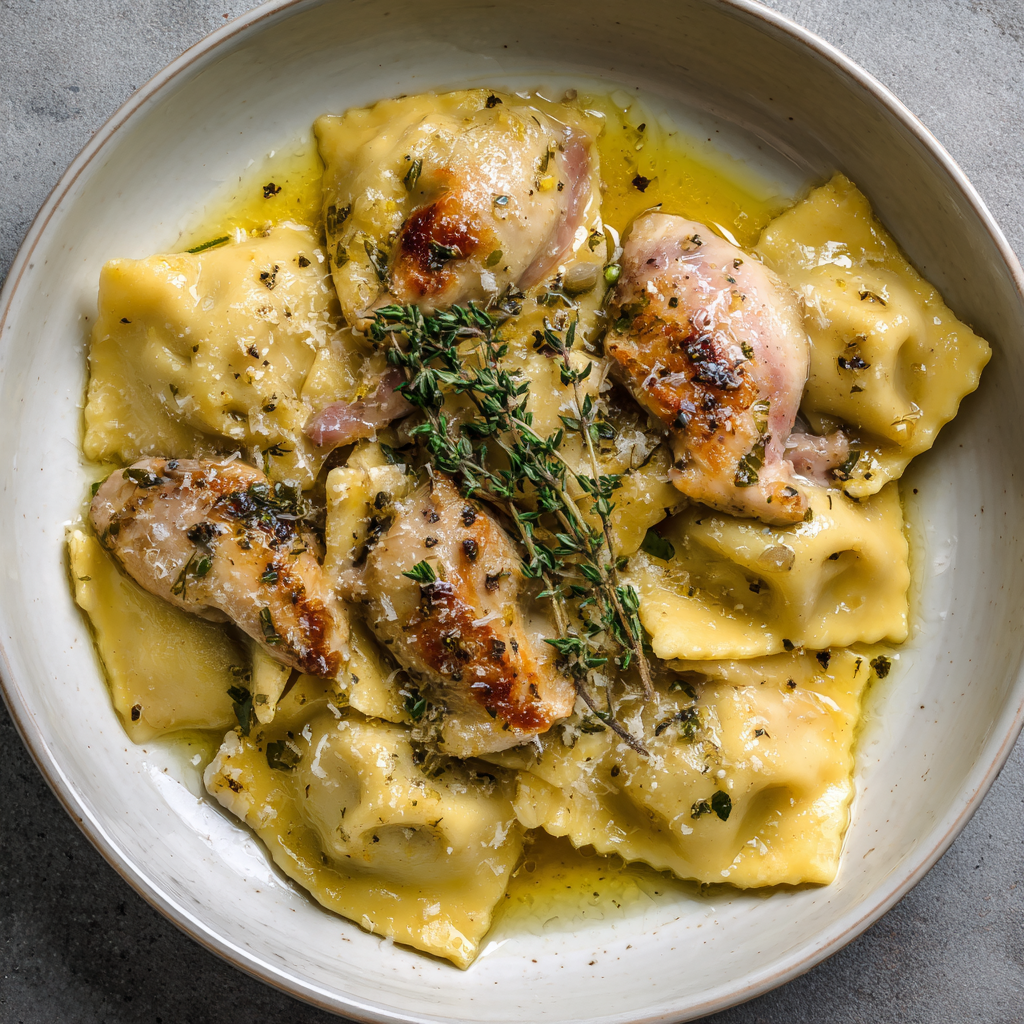 Gefüllt mit confierter Perlhuhnkeule auf weißem Pfefferkraut