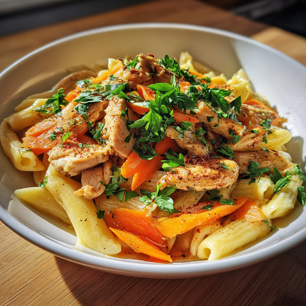 Pasta mit Möhren und Puteengeschnetzeltes