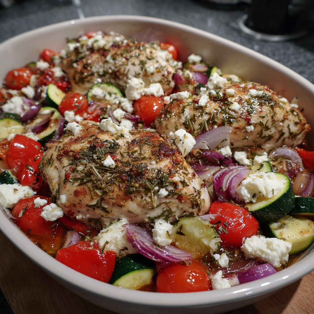 Mediterranes Huhn mit buntem Gemüse und Feta