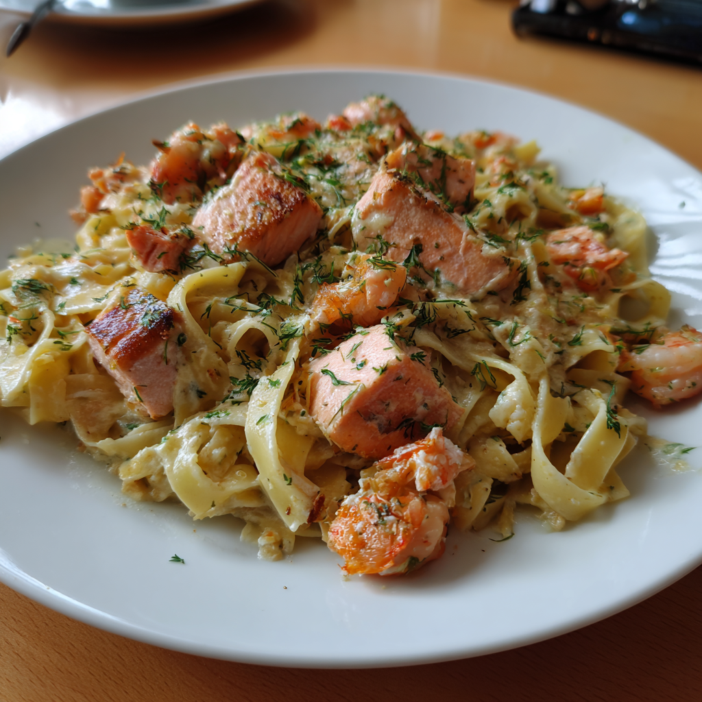 Pasta mit Lachs und Scampi