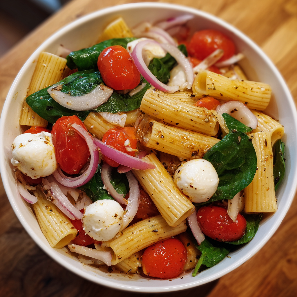 Rigatoni-Salat mit Tomaten und Spinat