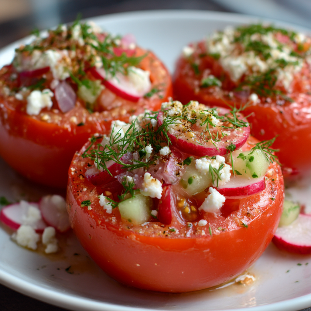 Gefüllte Tomaten mit Radieschen-Gurken-Salat und Ziegenkäse
