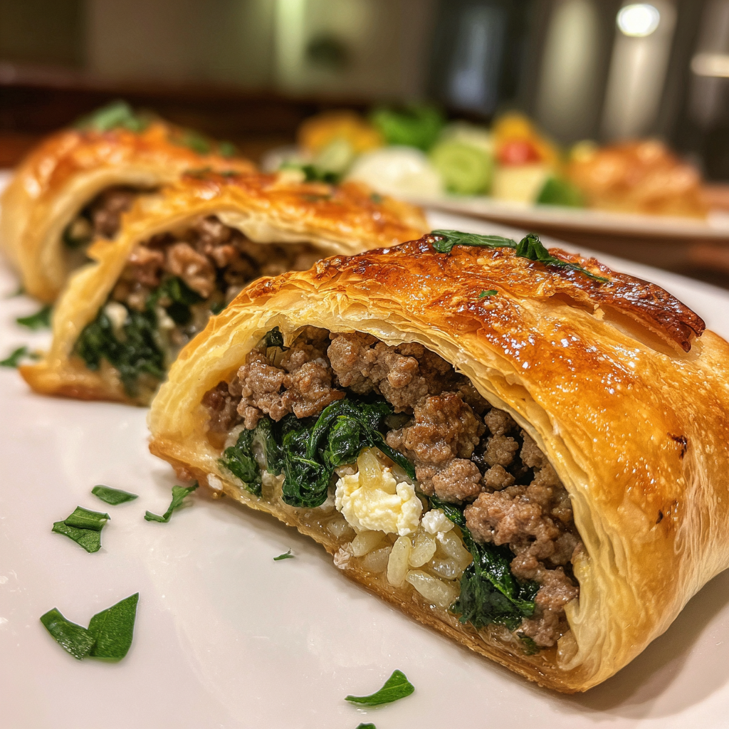 Blätterteig-Taschen mit Rinderhack, Spinat und Schafskäse – Ein aromatischer Genuss!