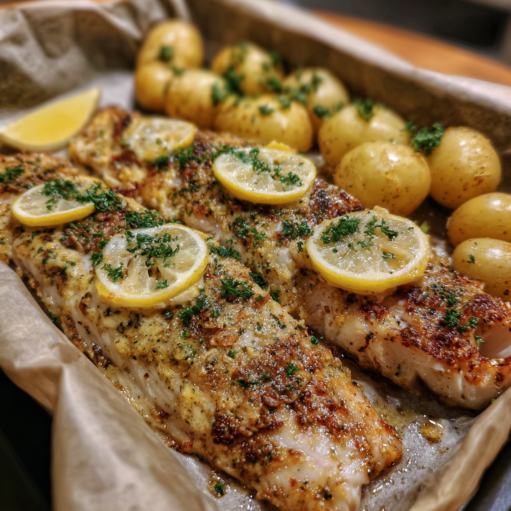 Fisch filet überbacken mit Senf-Kräuter-Butter