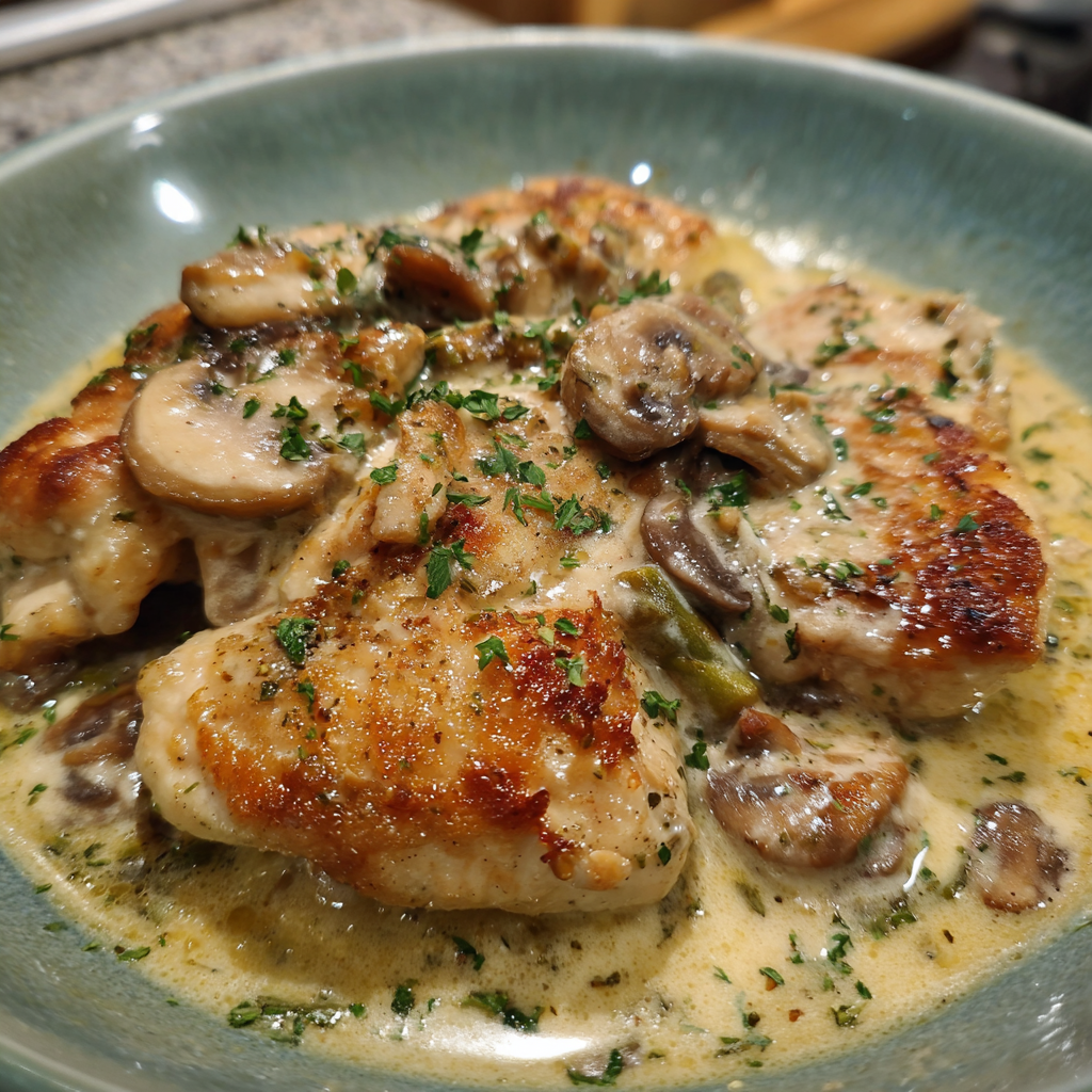 Hühner frikassee mit Champignons und Spargel