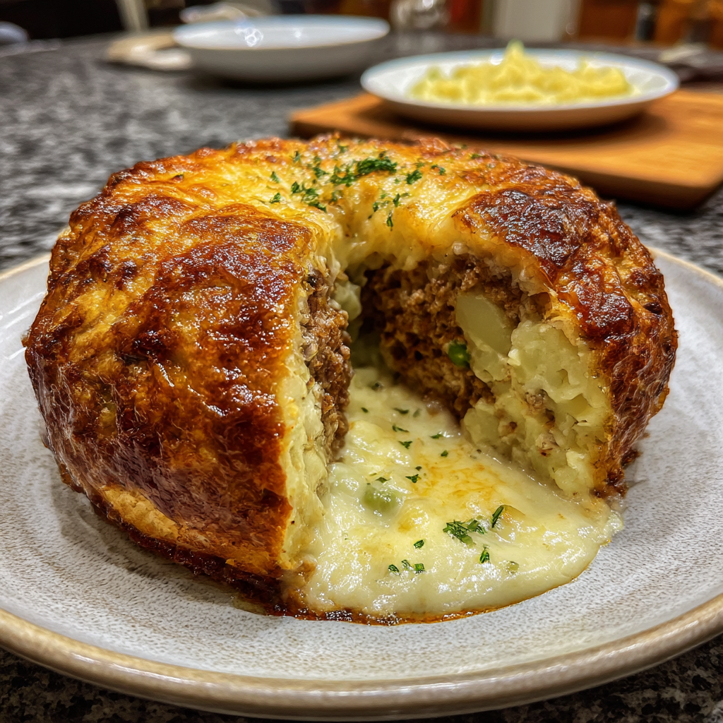 Hackfleischschüssel gefüllt mit Kartoffel-Erbsen-Gratin