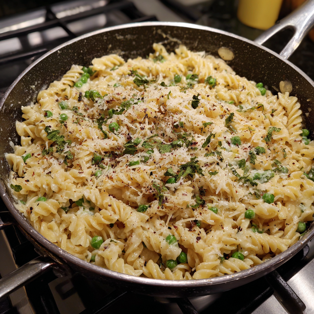 One Pot Pasta mit Erbsen