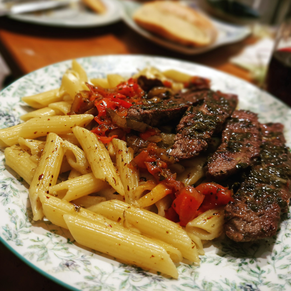 Penne mit Rinderfilet und Knoblauchsugo