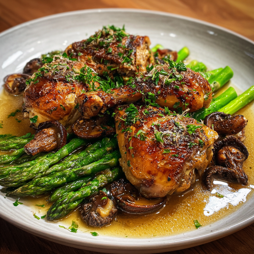 Perlhuhnkeule mit grünem Spargel und Morcheln