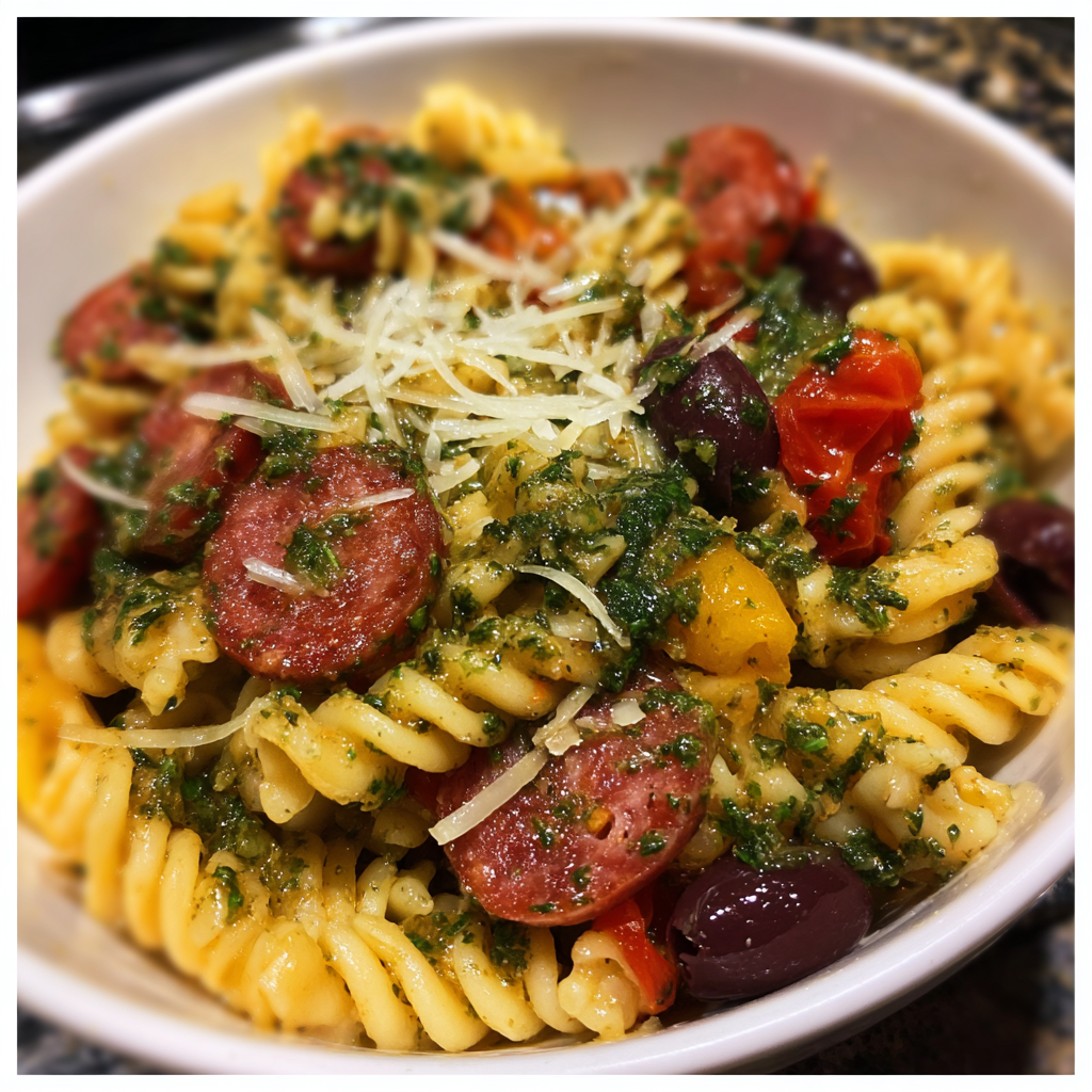 Pasta mit Salami, Tomaten, Oliven