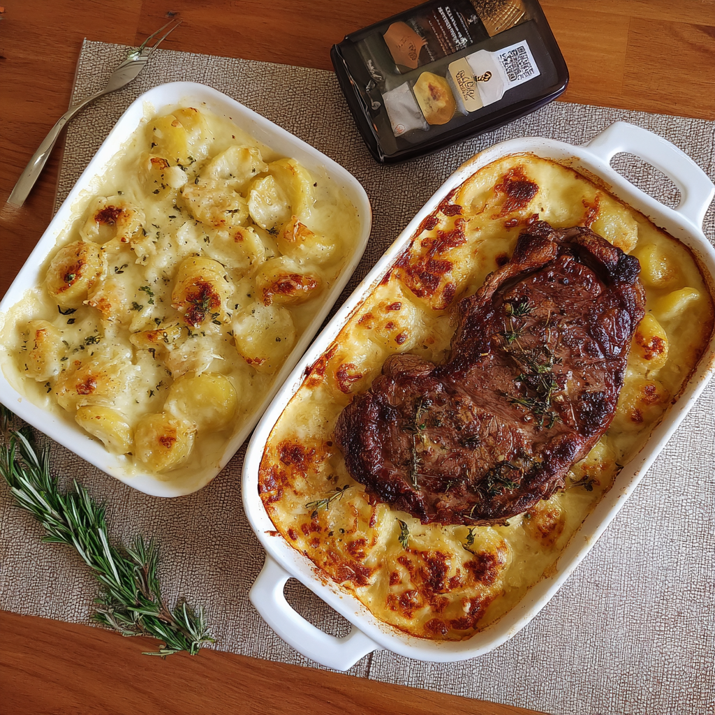 Perfektes Rinder steak mit cremigem Kartoffelgratin