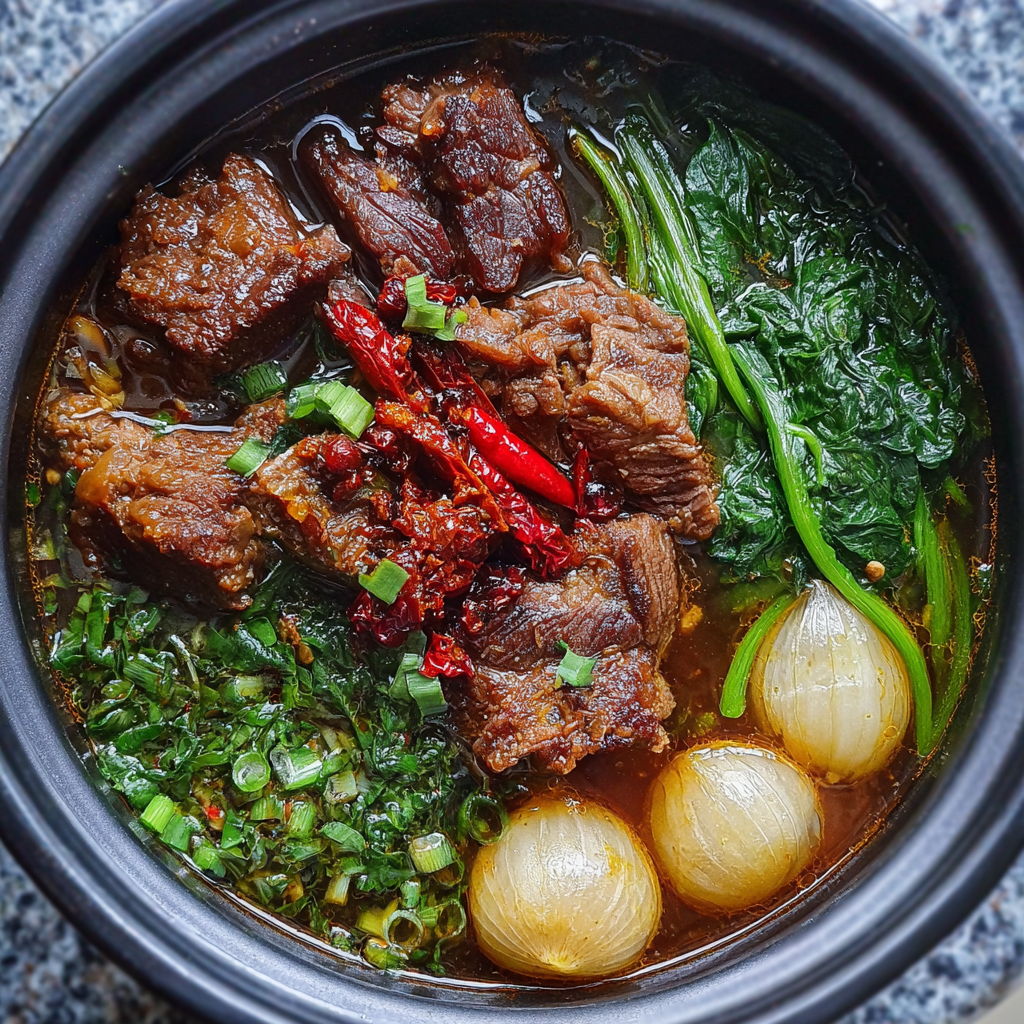 Würzige Rindersuppe mit Wasserspinat und Tamarinde