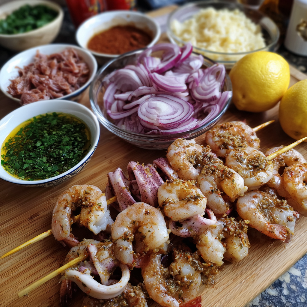 Tintenfisch- und Garnelenspieße