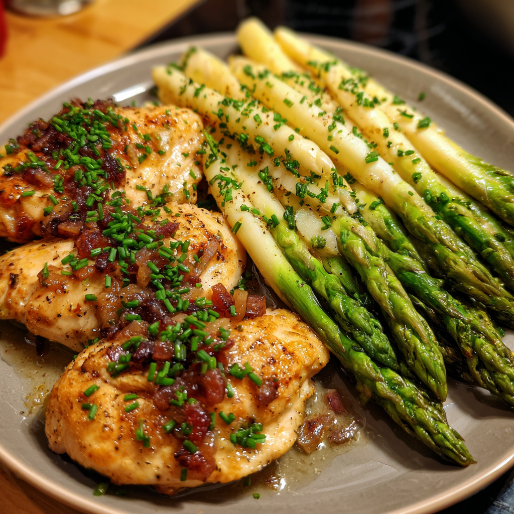 Bressehuhn auf zweierlei Spargel