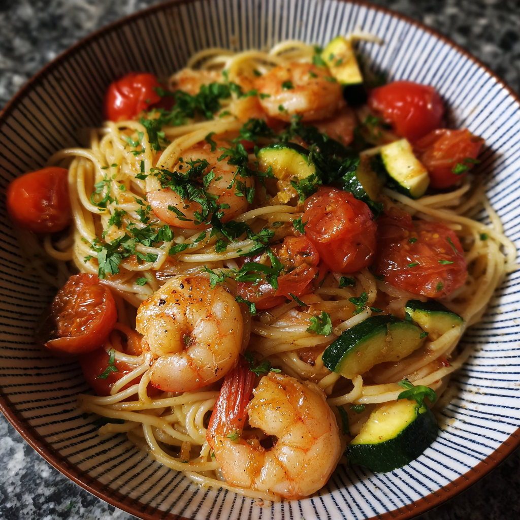Pasta mit Riesencrevetten und Gemüse