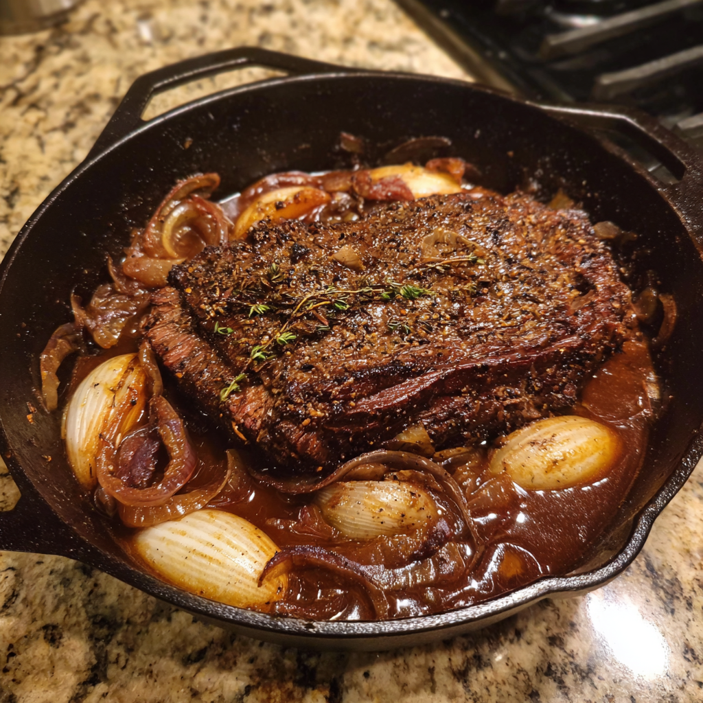 Schmorige Rinderbrust in reichhaltiger Balsamico-Zwiebel-Sauce