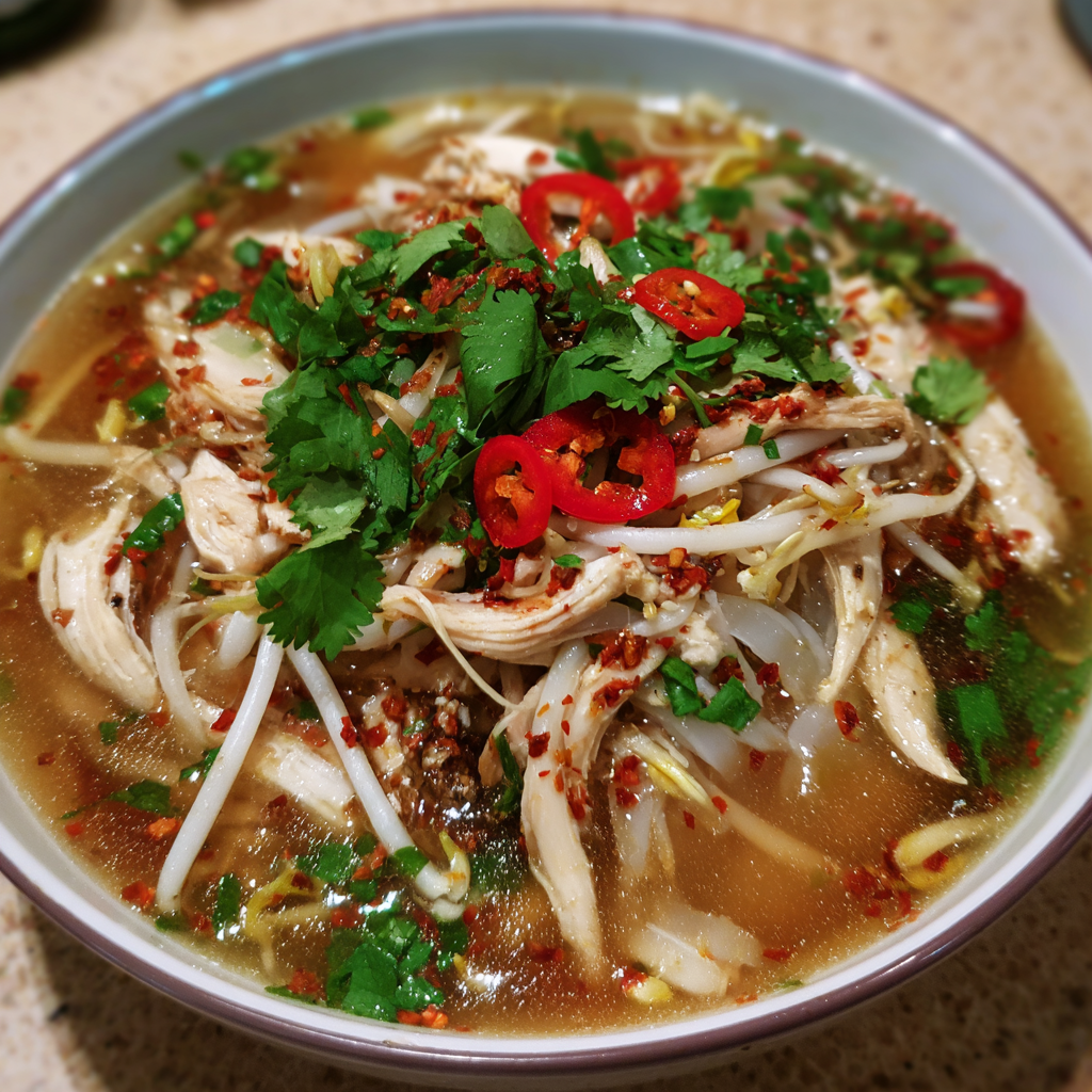 Scharfe Hühnersuppe mit Sojasprossen