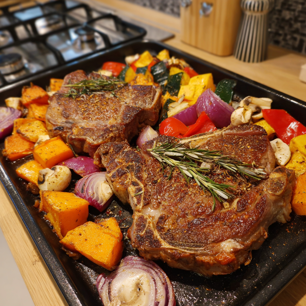 Angus Steaks mit Ofengemüse