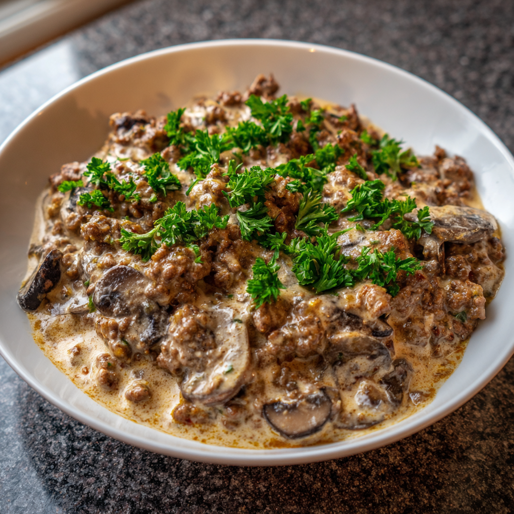 Kalorienreduzierte Champignonrahmsoße mit Hackfleisch