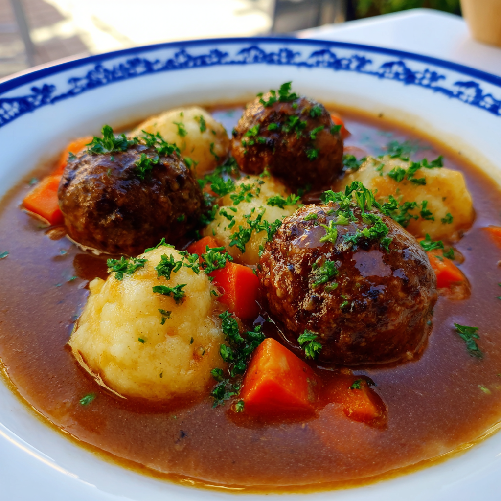 Hackfleischbällchen in Soße mit Kartoffeltupfen