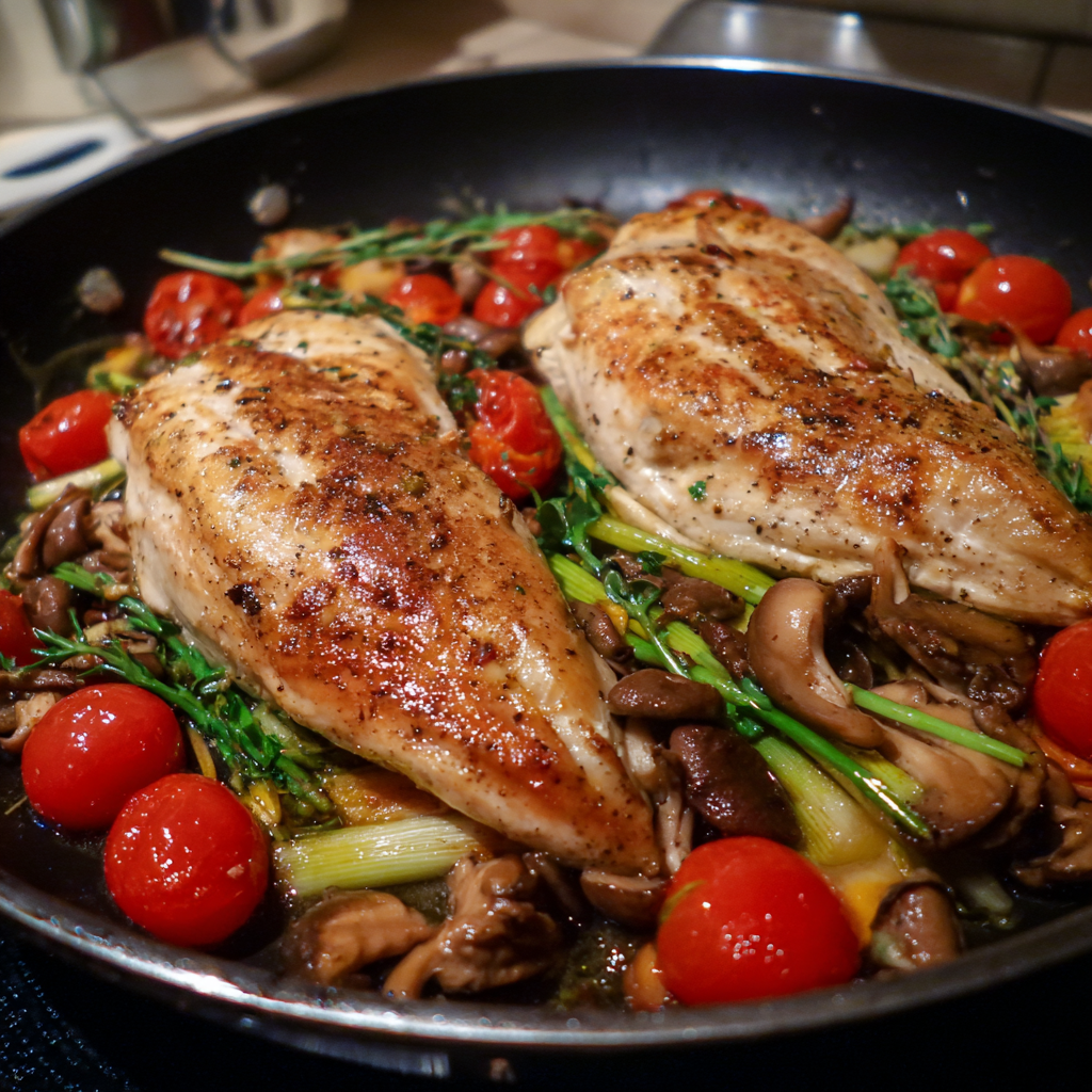 Hühnerbrust mit Pioppino, Frühlingszwiebeln