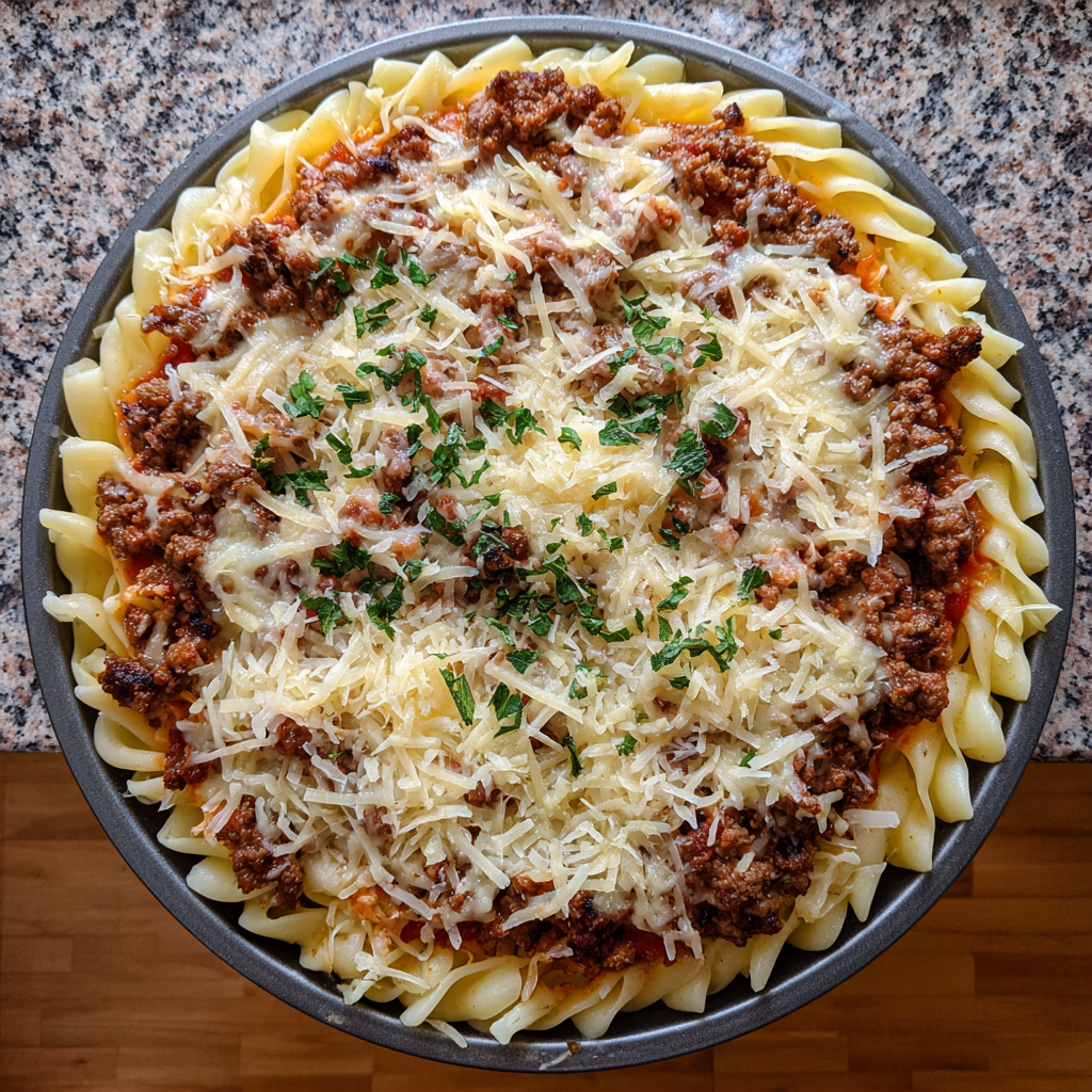 Nudelpizza mit Hackfleisch